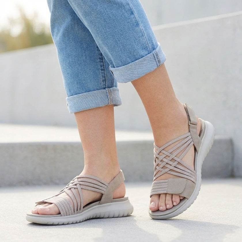 Beige FJØRNA orthopedic criss-cross strappy sandals for women with adjustable fit and supportive design.