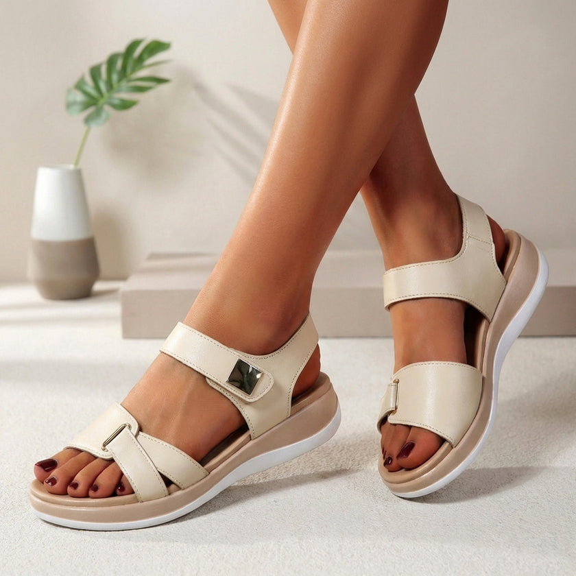 Beige FJØRNA orthopedic platform open toe sandals for women with cushioned soles and stylish design.