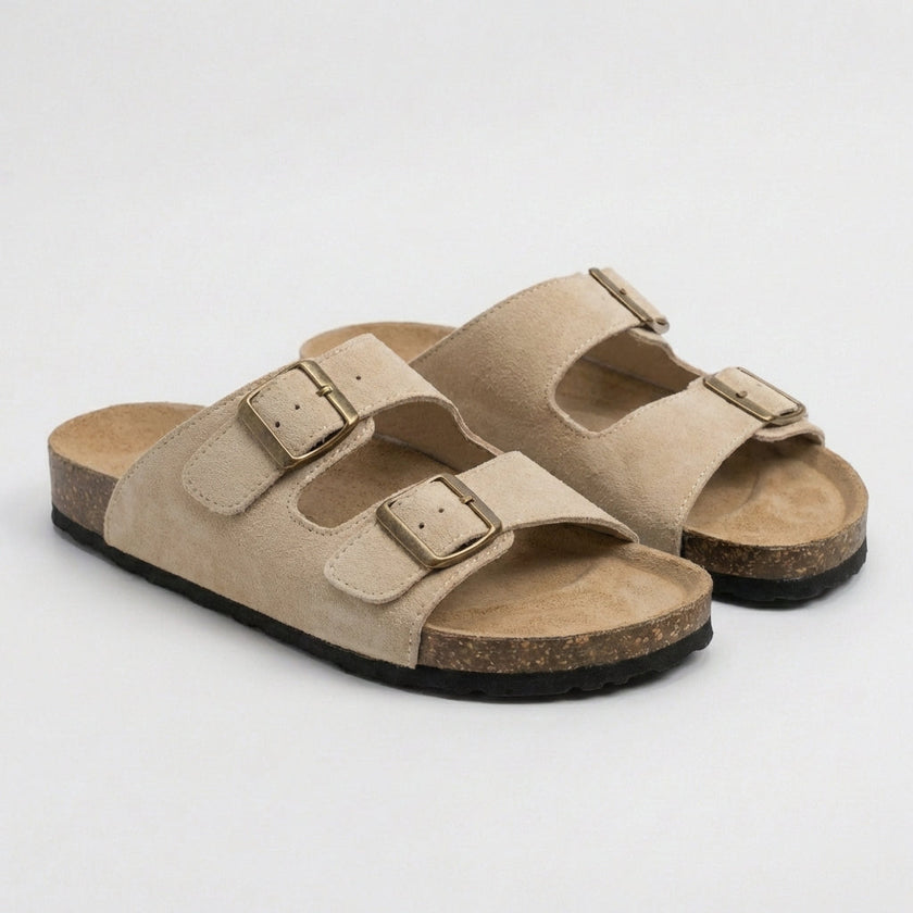 FJØRNA women's orthopedic denim sandals with adjustable straps, beige color, comfortable footwear for casual wear.