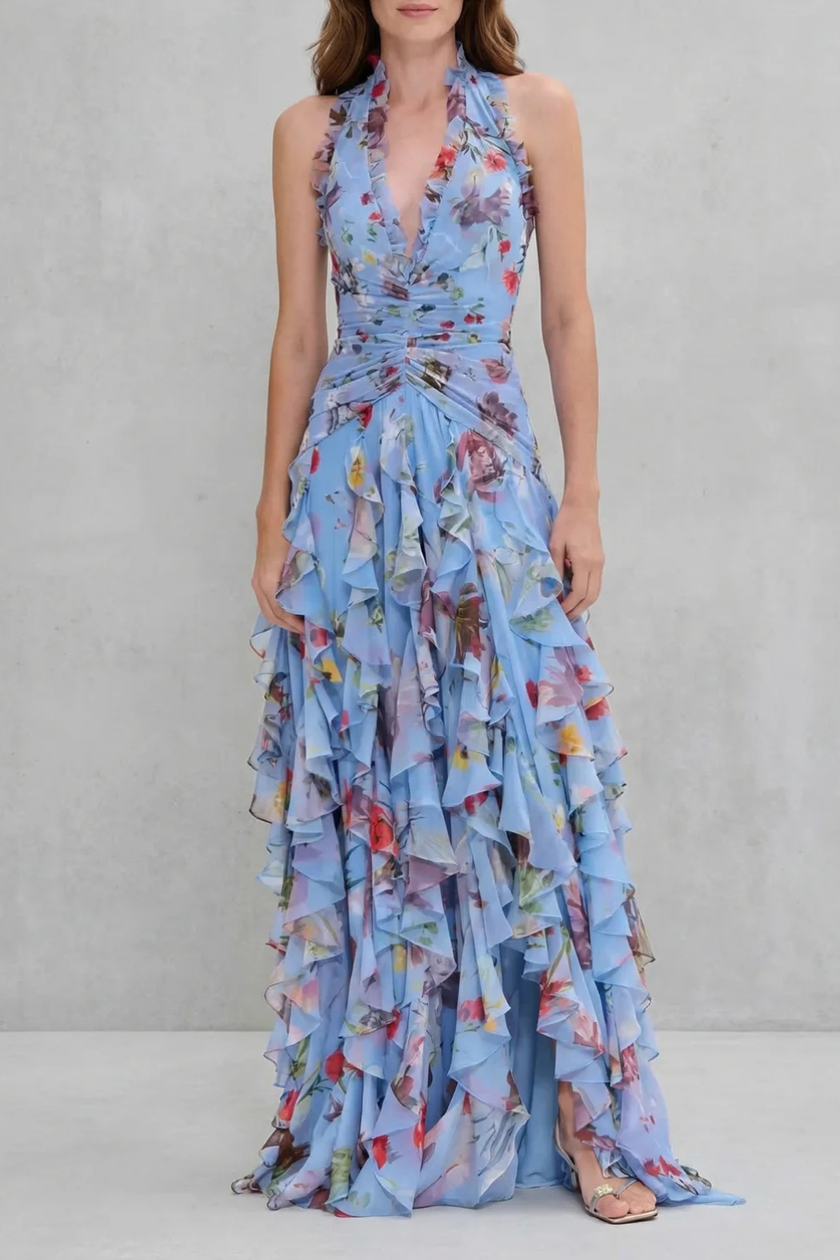 Floral halter neck elegant maxi dress for women by FJØRNA, featuring a flowy silhouette and romantic floral design.