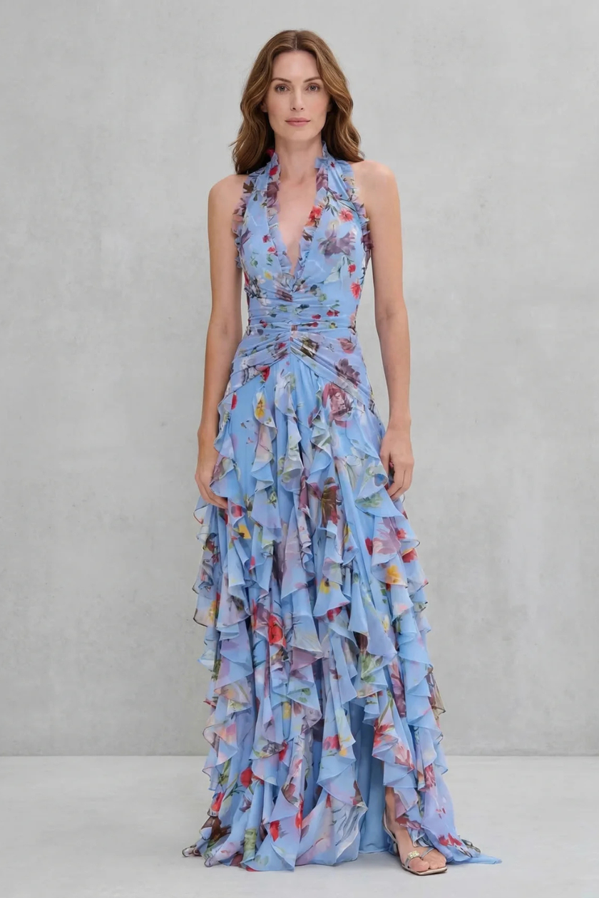 Elegant floral halter neck maxi dress for women by FJØRNA, featuring a flowy silhouette and romantic cascading design.
