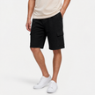 Black men's linen cargo shorts with drawstring waist from FJØRNA, shown from a front 3/4 view.