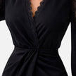 Women's black midi dress with lace sleeves by FJØRNA, elegant slim fit design perfect for formal occasions.