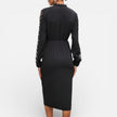 Women's black midi dress by FJØRNA with lace sleeves, elegant slim fit, perfect for formal occasions or weddings.