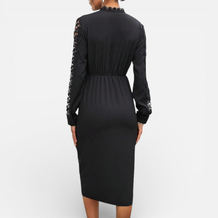 Women's black midi dress by FJØRNA with lace sleeves, elegant slim fit, perfect for formal occasions or weddings.