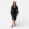 Women's black lace midi dress with elegant slim fit and long lace sleeves, designed by FJØRNA for special occasions.
