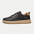 Black men's synthetic lace-up low top sneakers by FJØRNA, stylish athletic footwear with a sleek design and comfortable fit.