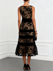 FJØRNA black mesh floral sleeveless A-line midi dress with boat neckline, lace details, perfect for elegant summer occasions.