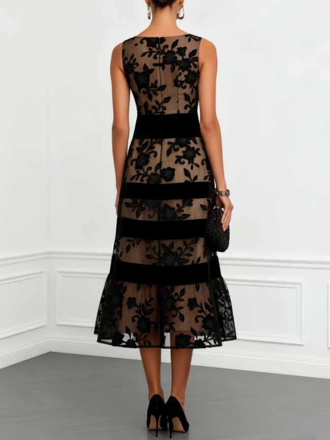 FJØRNA black mesh floral sleeveless A-line midi dress with boat neckline, lace details, perfect for elegant summer occasions.