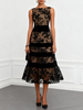 Black mesh floral sleeveless A-line midi dress by FJØRNA with boat neckline and lace details, perfect for elegant occasions.