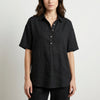Black denim summer blouse for women by FJØRNA, short sleeve top with casual stylish design.