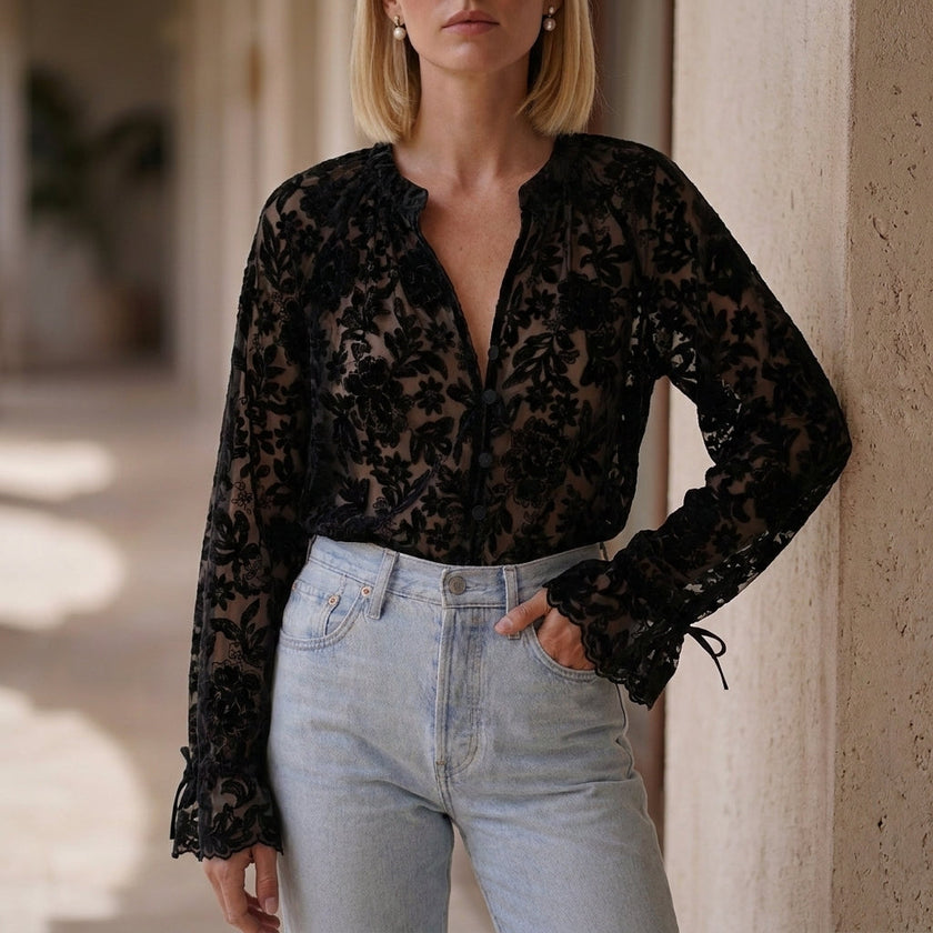 Black floral V-neck lace summer blouse for women by FJØRNA, featuring delicate lace details and a lightweight, stylish design.