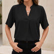 Black chiffon V-neck blouse for women with stand collar and split cuffs, stylish top by FJØRNA.