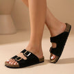 Black FJØRNA women's orthopedic sandals with adjustable denim straps and cushioned soles, designed for comfort and support.