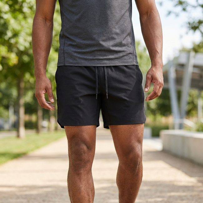 Black men's athletic shorts with adjustable waist and pockets, featuring a performance woven design by FJØRNA.