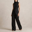 Black FJØRNA sleeveless high-neck two-piece set with flowing wide-leg trousers, stylish and elegant for sophisticated looks.