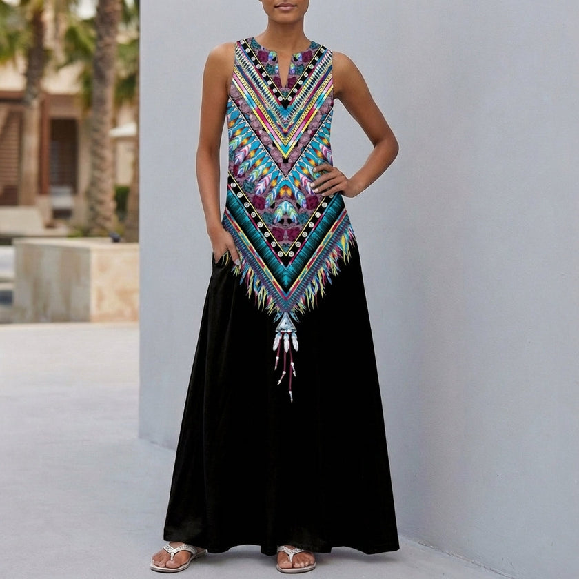 Black FJØRNA relaxed fit floral sleeveless maxi dress with pockets, featuring a flowy silhouette and a comfortable, casual style.