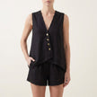 Black FJØRNA sleeveless V-neck two-piece set with asymmetrical button front, relaxed fit, and stylish design.