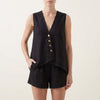 Black FJØRNA sleeveless V-neck two-piece set with asymmetrical button front, relaxed fit, and stylish design.