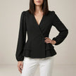 Black FJØRNA women's summer blouse with V-neck, long sleeves, and denim wrap design, perfect for casual and stylish outfits.