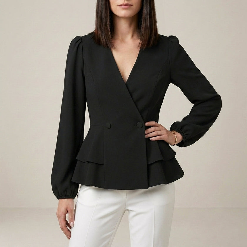 Black FJØRNA women's summer blouse with V-neck, long sleeves, and denim wrap design, perfect for casual and stylish outfits.
