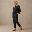 FJØRNA black relaxed linen two-piece set with boat neck blouse and drawstring pants, casual and comfortable summer outfit