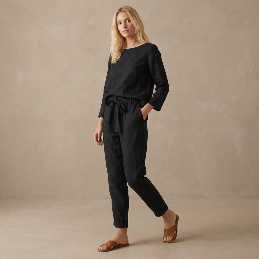 FJØRNA black relaxed linen two-piece set with boat neck blouse and drawstring pants, casual and comfortable summer outfit
