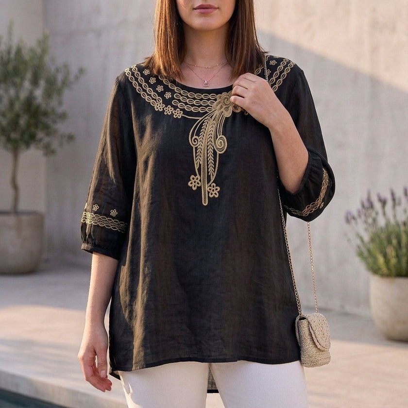Black linen summer blouse for women with cut-out design, stylish top by FJØRNA, perfect for warm weather and casual wear.