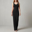 Black Valentina Rossi sleeveless scoop neck maxi dress by FJØRNA featuring a body-skimming silhouette and elegant floor-length design.