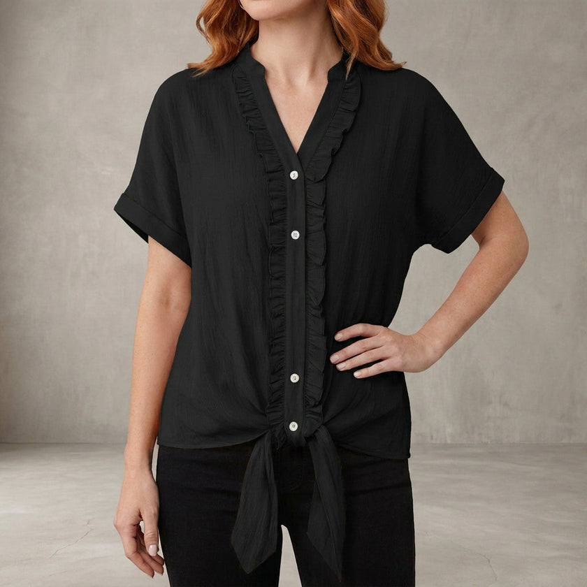 FJØRNA women's black summer blouse with V-neck and ruffle details, casual denim top for women, stylish and comfortable.