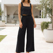 Black FJØRNA linen blend cropped top and wide-leg pant set, stylish 2-piece outfit with relaxed fit and breathable fabric.