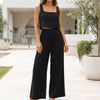 Black FJØRNA linen blend cropped top and wide-leg pant set, stylish 2-piece outfit with relaxed fit and breathable fabric.