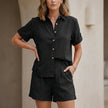 FJØRNA Coastal Ease black button-up shirt and relaxed shorts set, casual 2-piece summer outfit for women.