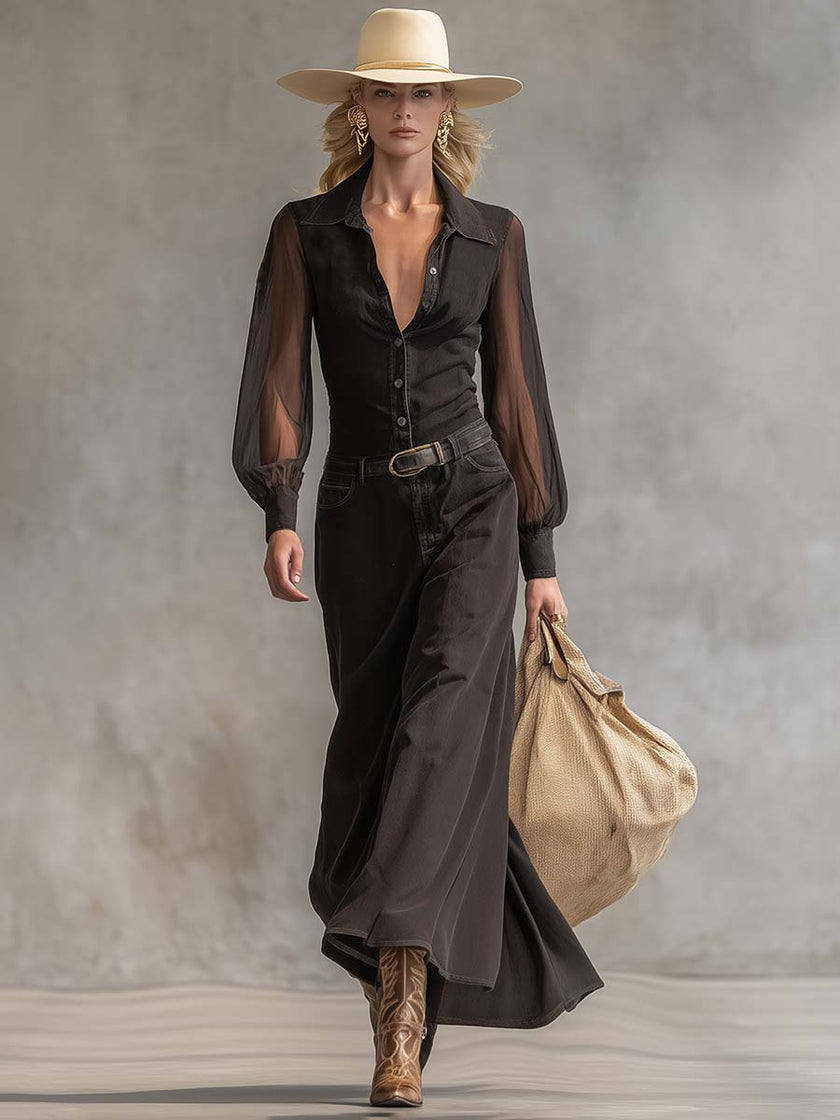 Black Denim V-Neck Maxi Dress | Casual Dress