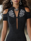 Black Faux Suede Floral Midi Dress | Casual Dress