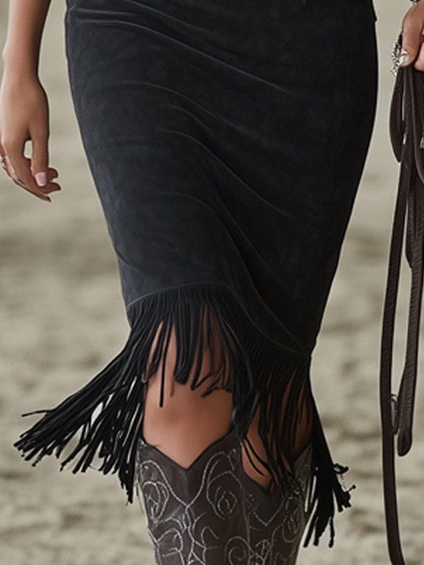 Black Faux Suede Floral Midi Dress | Casual Dress