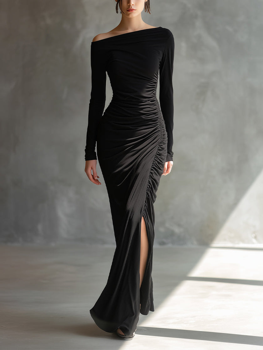 Black Jersey Ruched Maxi Dress | Evening Dress