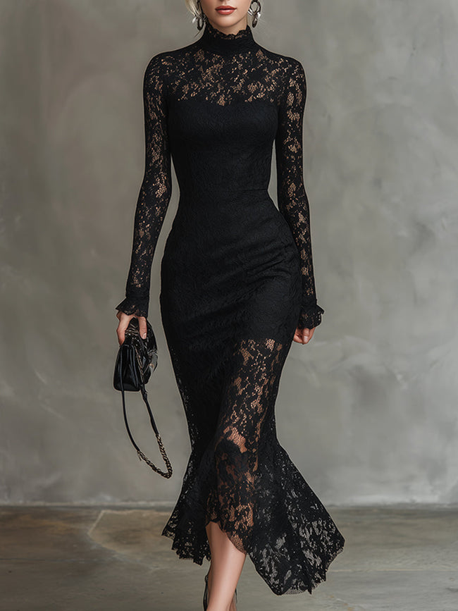 Black lace fishtail maxi dress by FJØRNA, elegant evening dress with intricate lace details and a fitted silhouette.