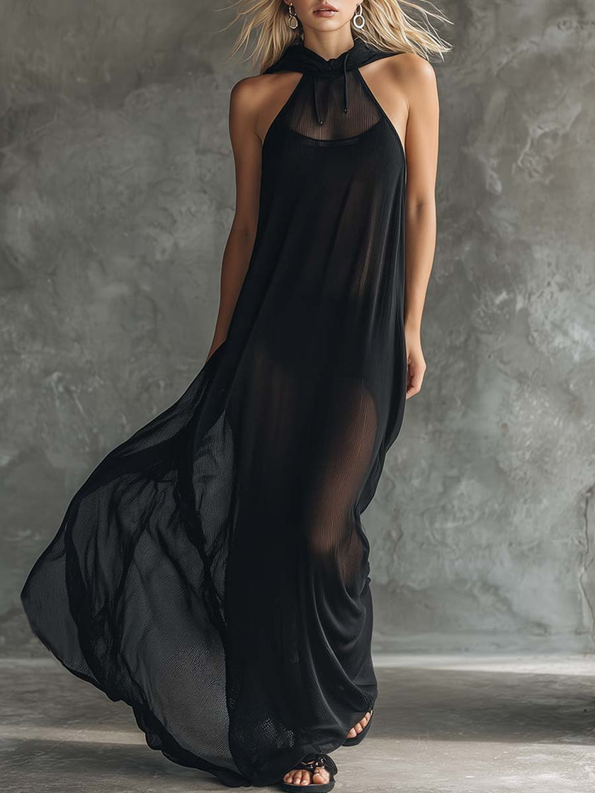Black Mesh Hooded Maxi Dress For Women