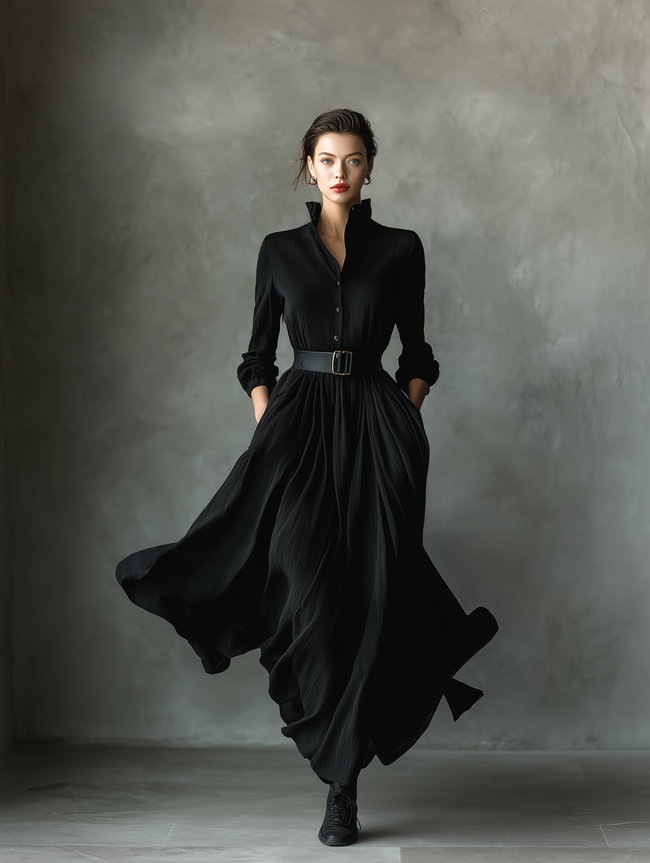 Black pleated maxi dress for women by FJØRNA, featuring flowing fabric and elegant pleats, perfect for formal or casual occasions.