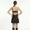 FJØRNA women's black satin lace slip mini dress with a back view, showcasing its elegant design and delicate lace details.