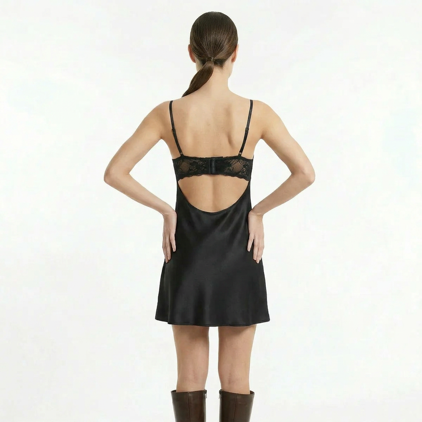FJØRNA women's black satin lace slip mini dress with a back view, showcasing its elegant design and delicate lace details.