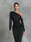 Black satin ruched maxi dress by FJØRNA, elegant evening dress with a fitted silhouette and flowing length, perfect for formal occasions.