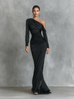 Black satin ruched maxi dress by FJØRNA, elegant evening dress with gathered fabric and flowing silhouette.
