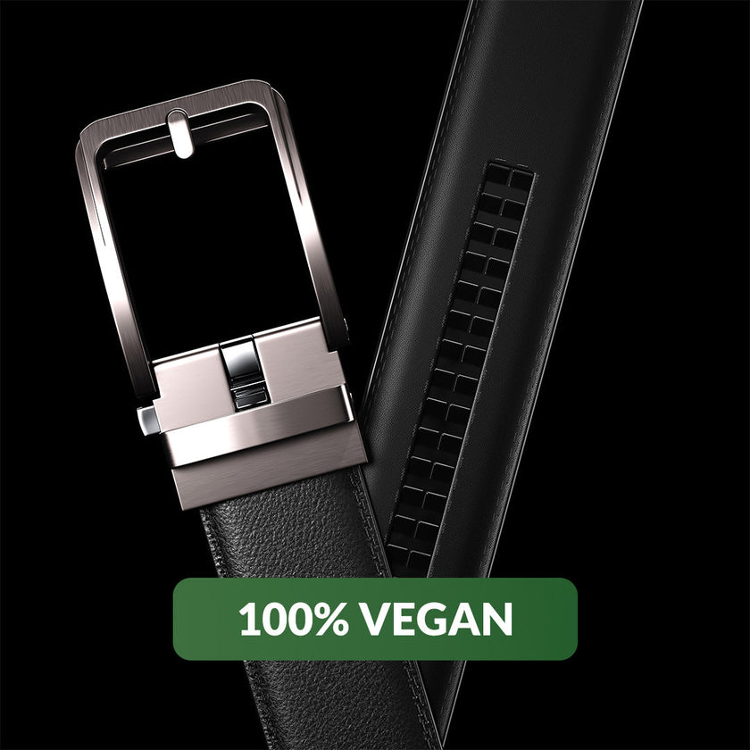 Black vegan adjustable unisex belt by FJØRNA, featuring a sleek design and durable material.