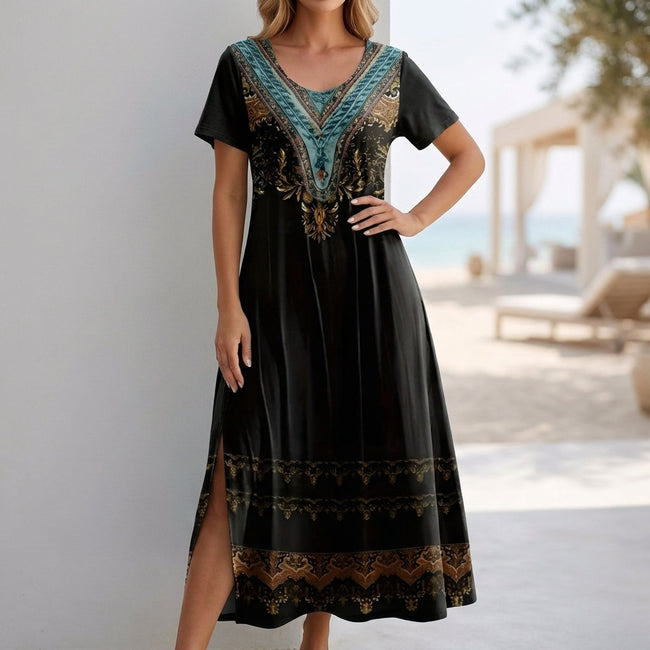 Black FJØRNA bohemian A-line scoop neck maxi dress for women, flowing fabric and relaxed fit, perfect for casual or summer wear.
