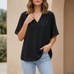 Black women's summer blouse with V-neck and flutter sleeves, stylish top from FJØRNA for warm weather.