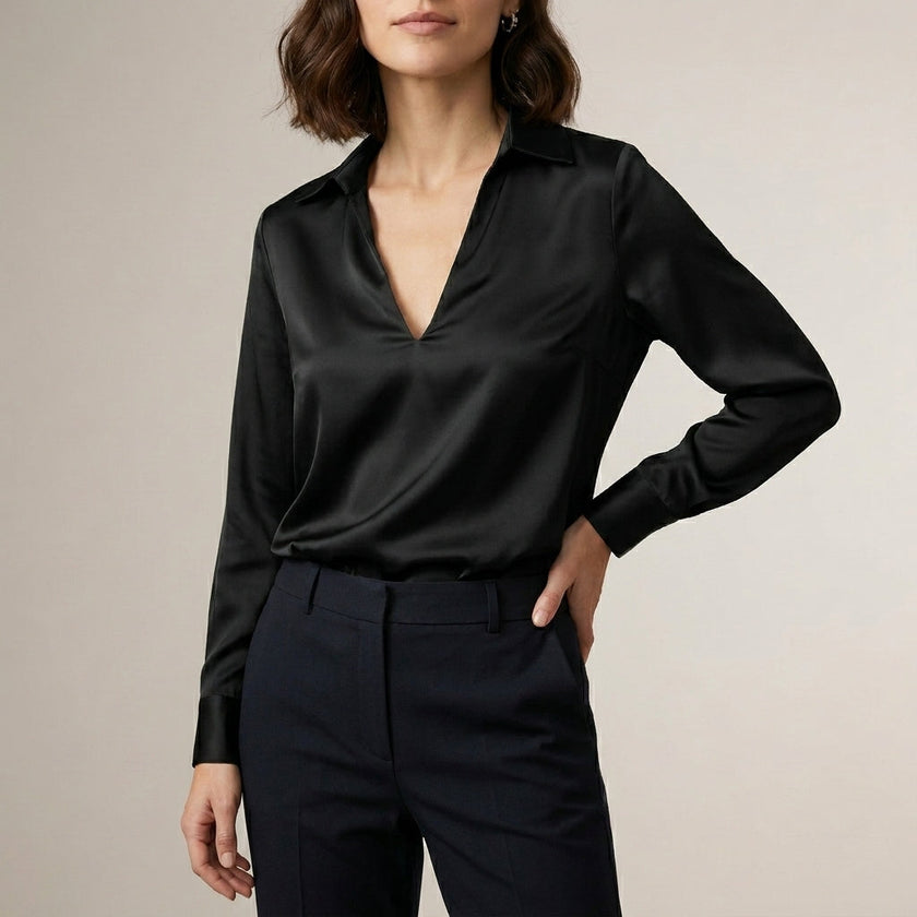 FJØRNA women's black satin summer blouse with V-neck, long sleeves, and high waist, stylish and elegant for warm weather.