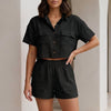 FJØRNA black button front pocket shirt and shorts lounge set, 2-piece casual sleepwear with relaxed fit and comfortable fabric.