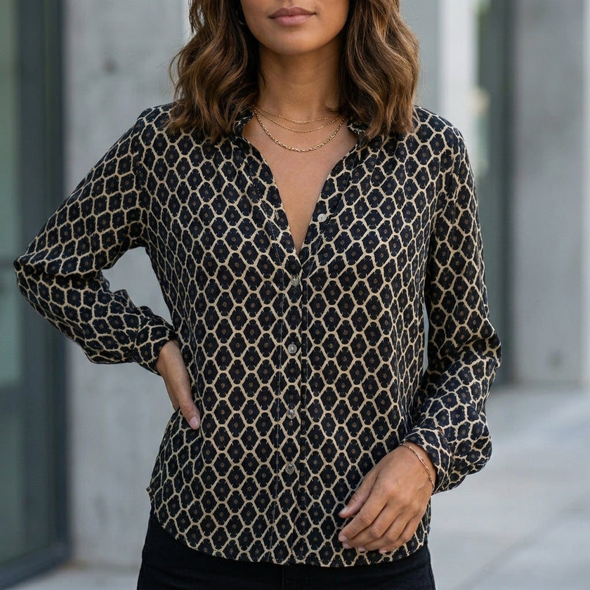 Black geometric V-neck long sleeve summer blouse for women by FJØRNA, featuring stylish design and comfortable fit.